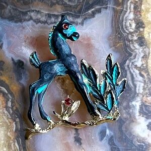 🐎 Western Horse Amber Rhinestone Gold Brooch Vintage 50’s